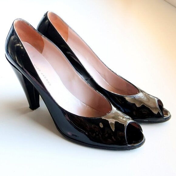 Marc Jacobs Black Patent Leather Peep Toe Heels / Pumps / Formal Dressy Shoes - Picture 13 of 16